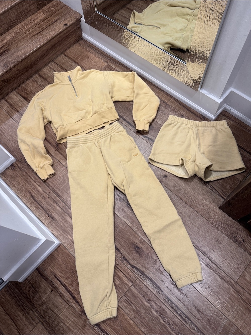 Aritzia 3 PIECE Yellow Cropped Zip Pullover with Matching Joggers & Shorts Set
